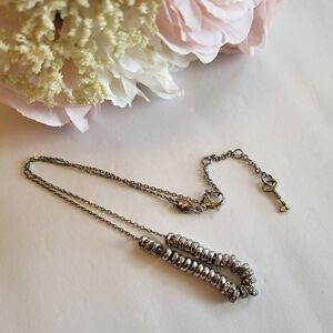 Fossil Necklace Saucer Disc Shape Crystal Rondell Key Tag Silvertone Jewelry 18"